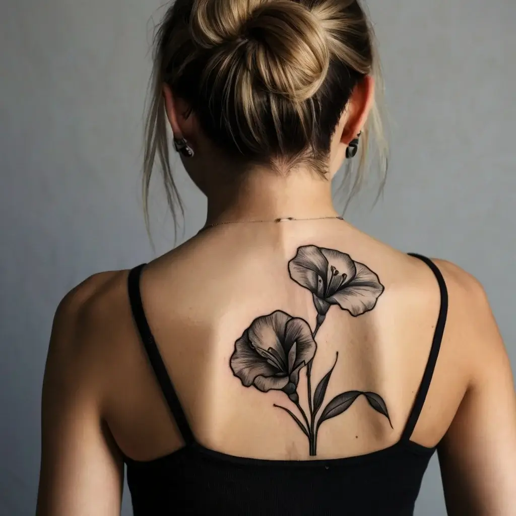 Black and grey lilies tattoo on upper back, showcasing elegant shading and detail, symbolizing purity and renewal.