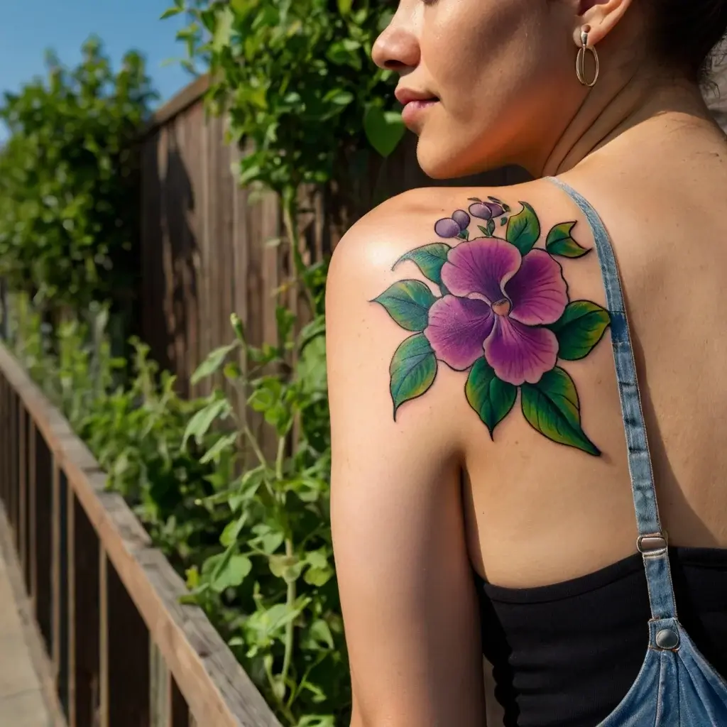 Colorful tattoo of a purple hibiscus with green leaves on the left shoulder, symbolizing beauty and exotic themes.