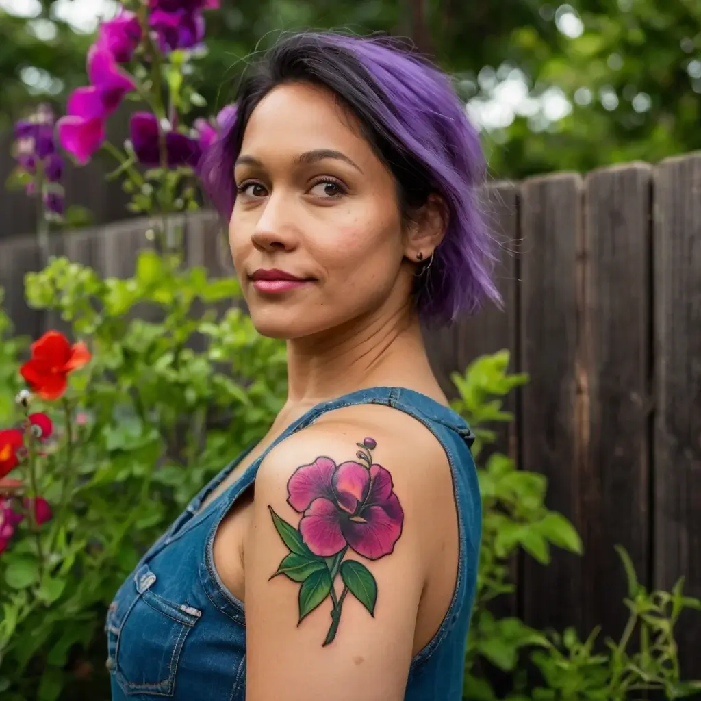 A vibrant pink hibiscus tattoo on upper arm, with green leaves and intricate shading, symbolizing beauty and femininity.