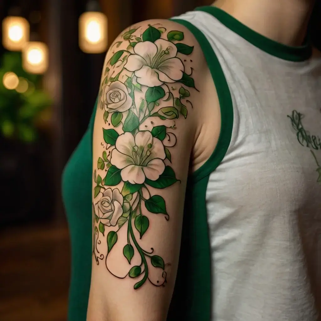 Floral tattoo with white lilies and roses, intertwined with green leaves and delicate swirls on the arm.