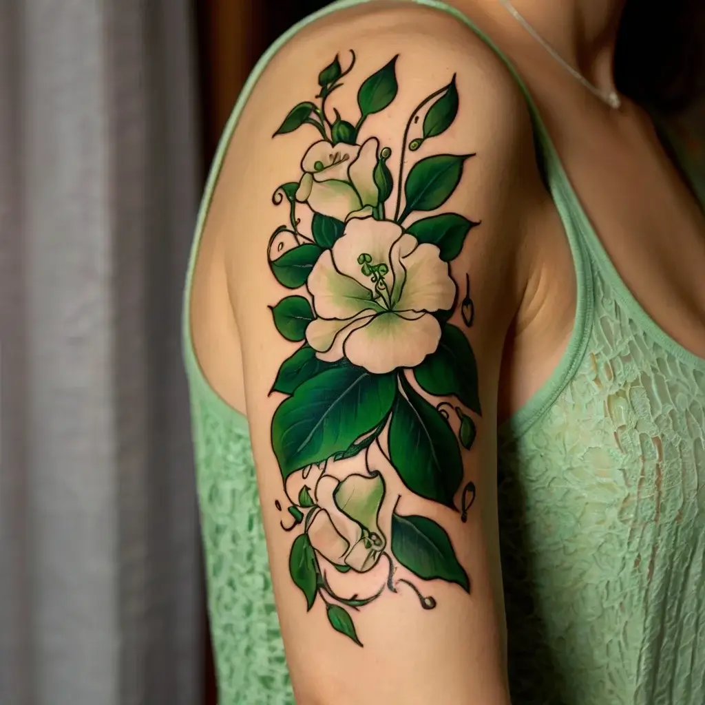 Tattoo design featuring vibrant green leaves and soft white flowers on the upper arm, creating a bold, elegant contrast.