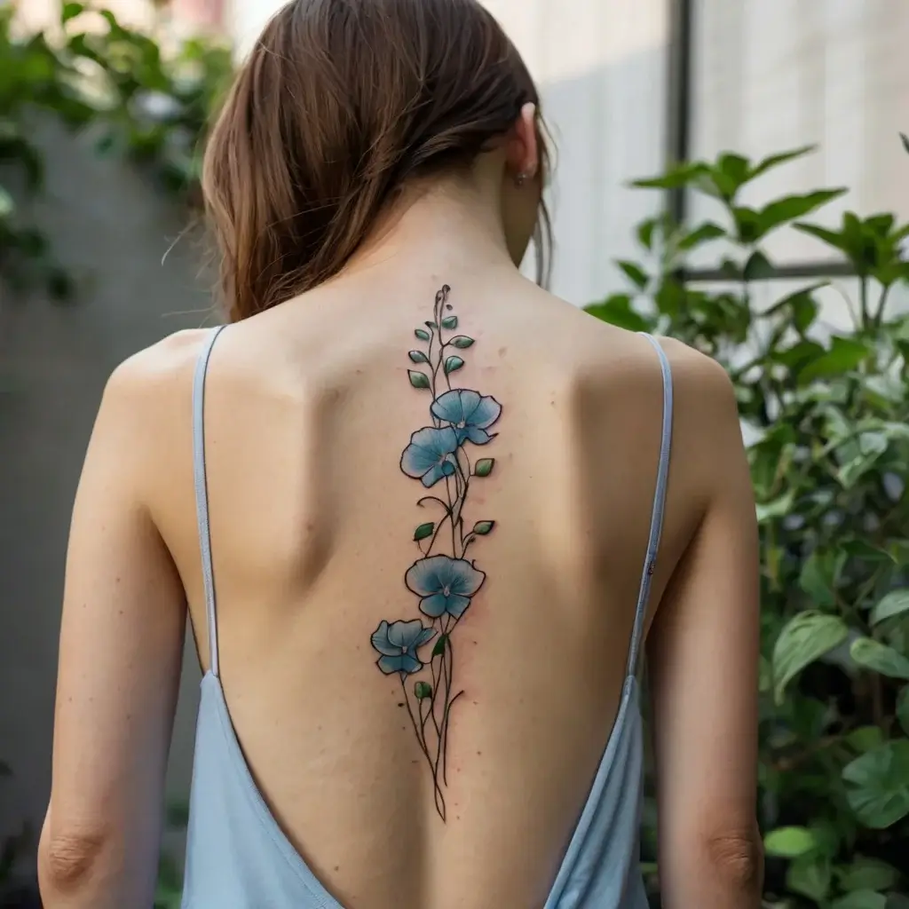 Back tattoo with blue flowers and vines, intricately designed with delicate leaves and stems, extending along the spine.