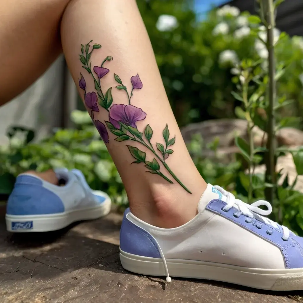 Tattoo of purple wildflowers with green stems and leaves gracefully extends along the ankle, offering a natural look.