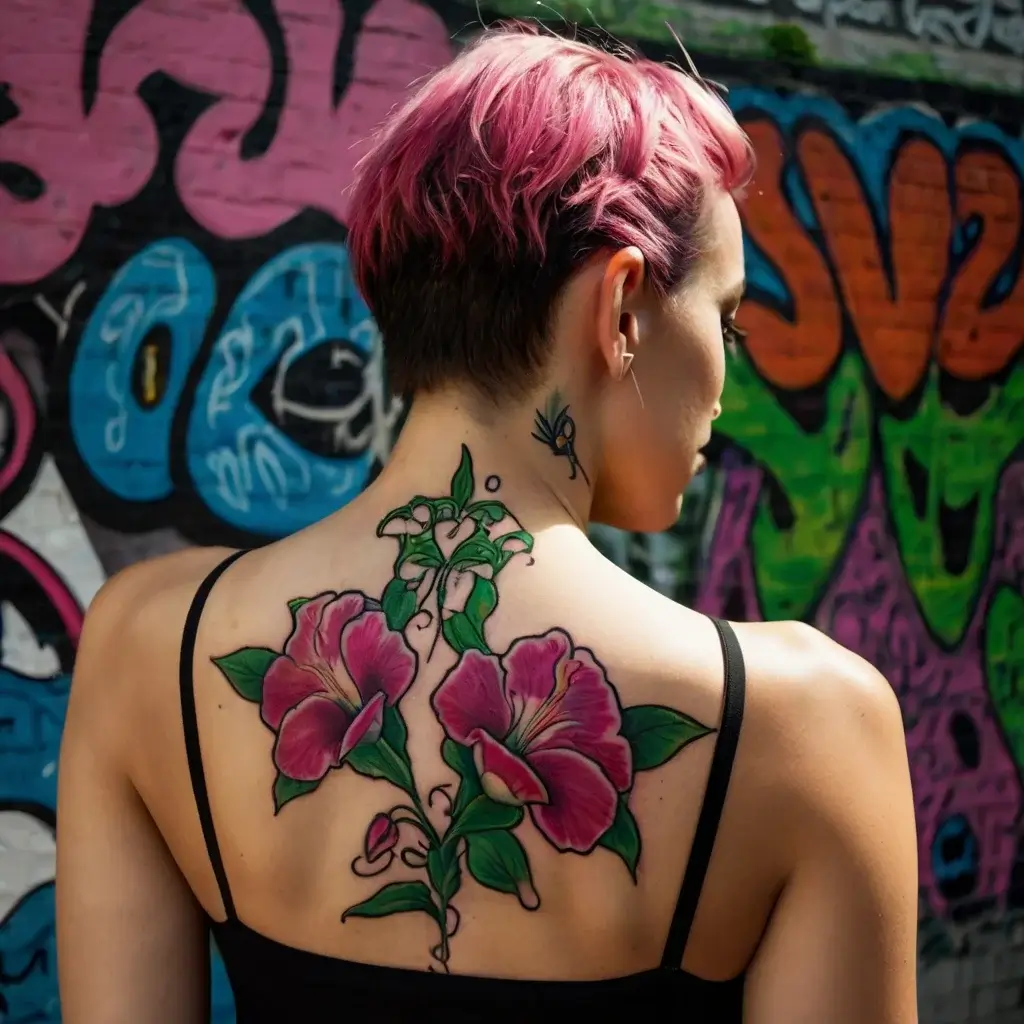 Vibrant floral back tattoo with large pink flowers and green leaves, extending from the neck down the spine.