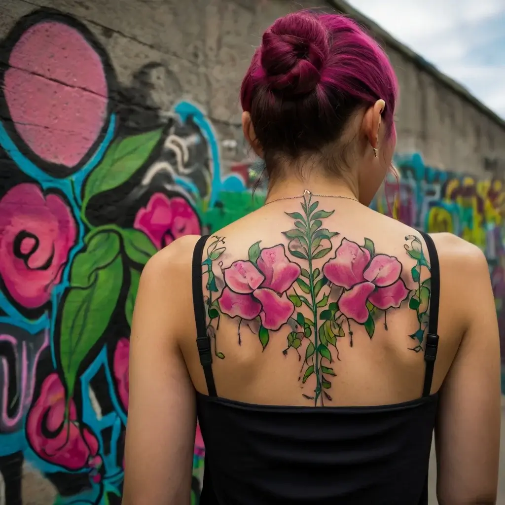 Large pink flowers with green leaves tattooed across the upper back, featuring intricate vine details and vibrant colors.