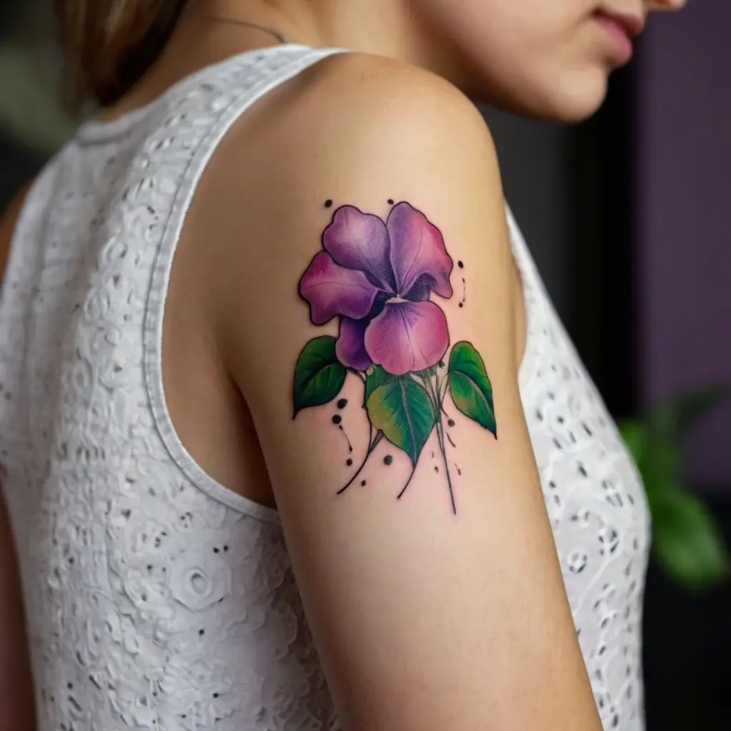 Tattoo of a vibrant purple and pink flower with green leaves, adorned with black ink splatter details on the upper arm.