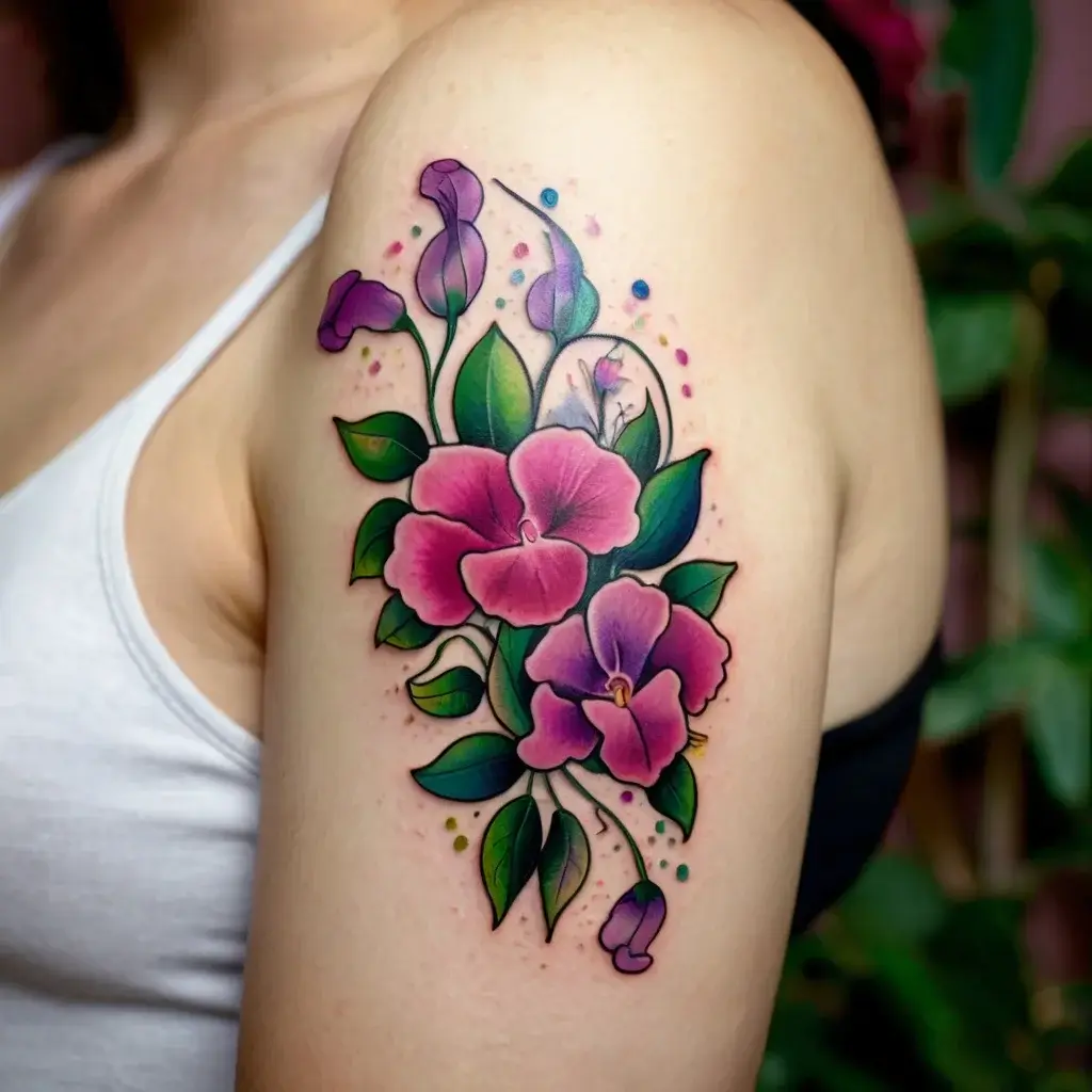 Colorful tattoo of pink and purple flowers with vibrant green leaves and dotted accents on the upper arm.