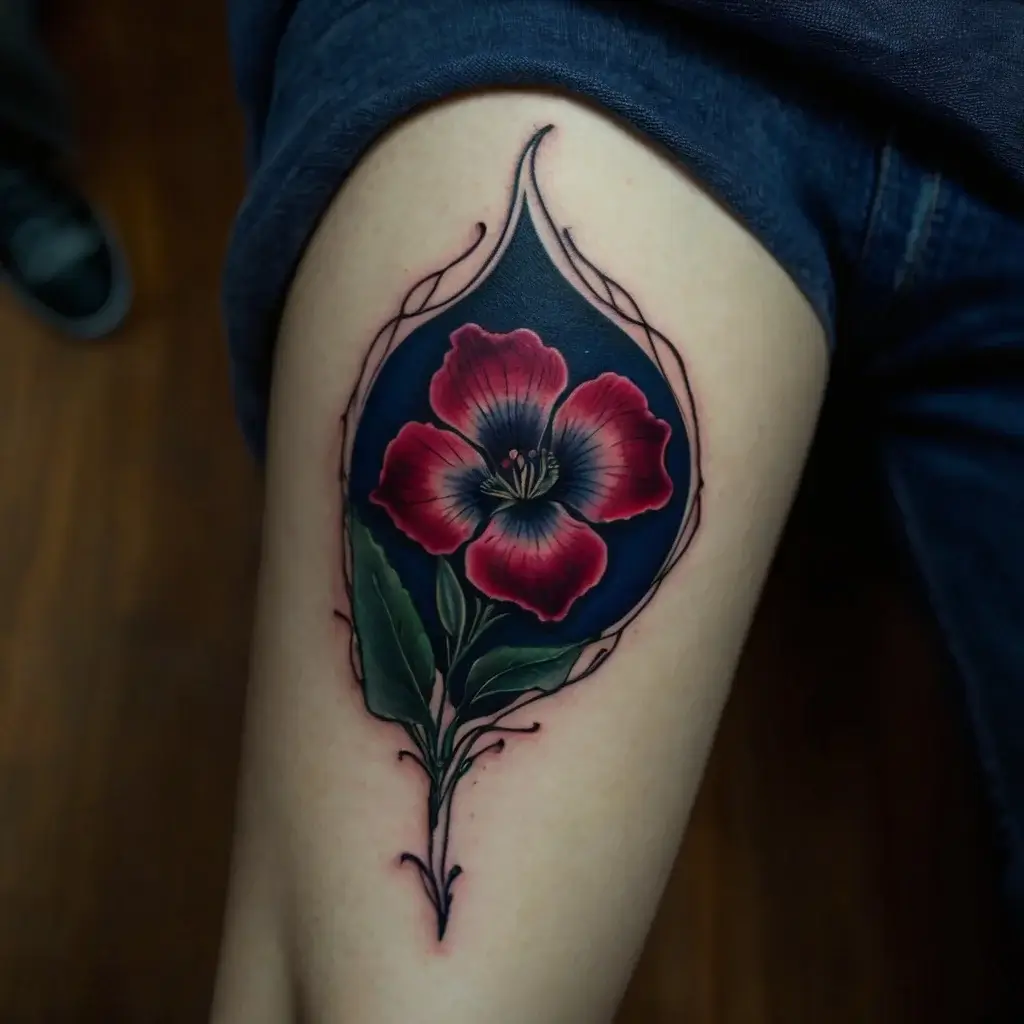 Elegant red and blue flower tattoo with delicate shading, framed by intricate swirls on the upper thigh.