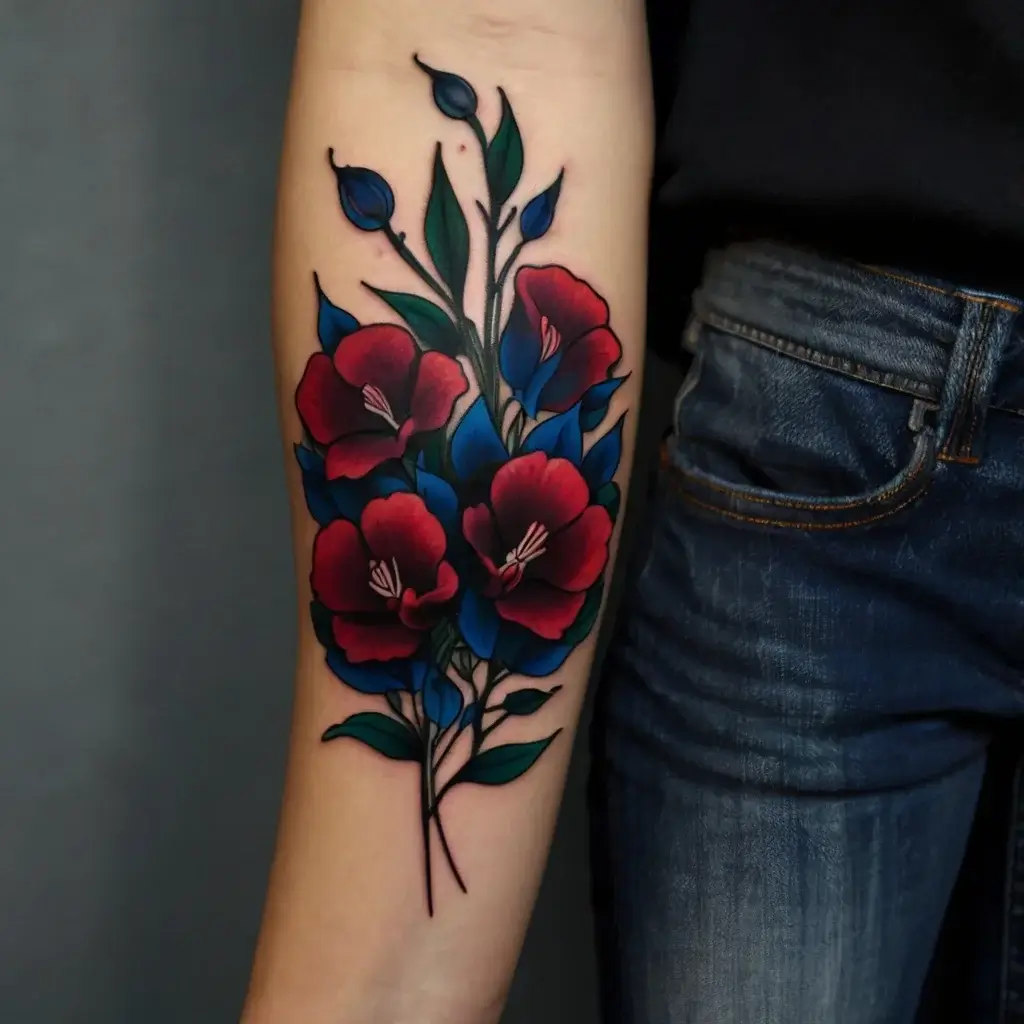 Bold floral tattoo featuring red and blue flowers with green leaves on the forearm, creating a vibrant and elegant design.