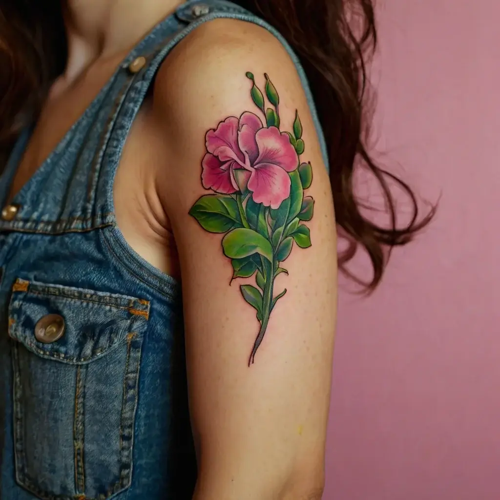 Colorful floral tattoo with two pink blooms and lush green leaves on upper arm, set against a pink background.