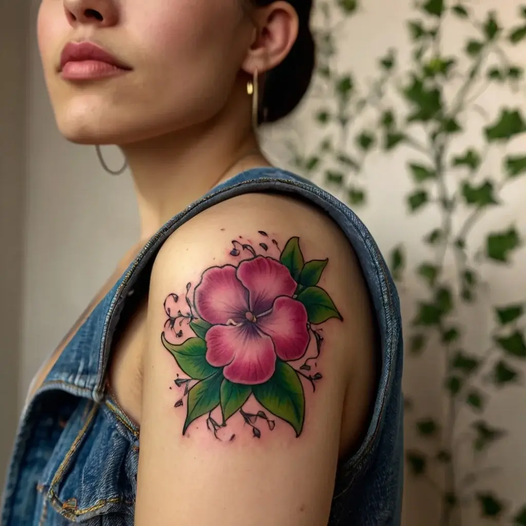 A vibrant pink hibiscus tattoo with lush green leaves and delicate black accents on the shoulder.