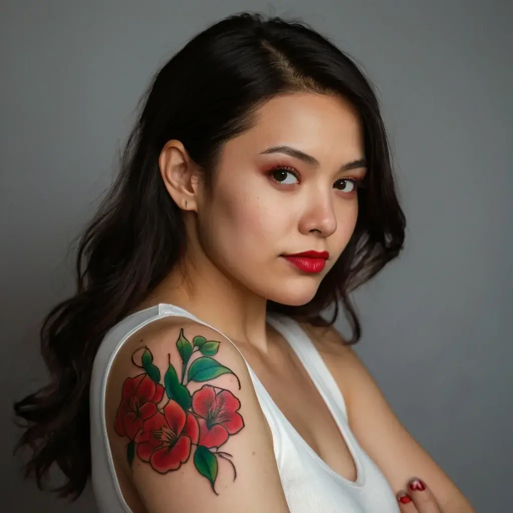 Colorful shoulder tattoo of red flowers with green leaves, showcasing bold outlines and vibrant details.