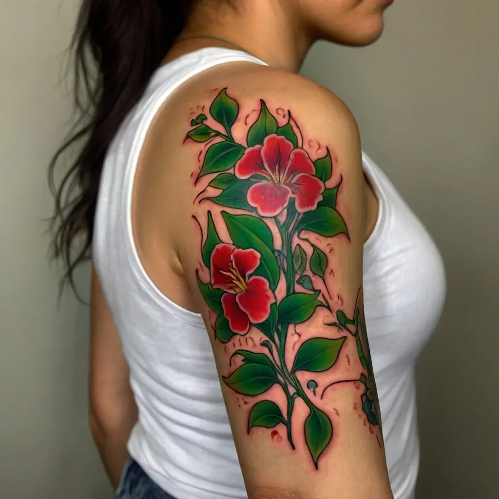 Arm tattoo of vibrant red hibiscus flowers with bold green leaves, swirling vines, and subtle shading for a lively effect.