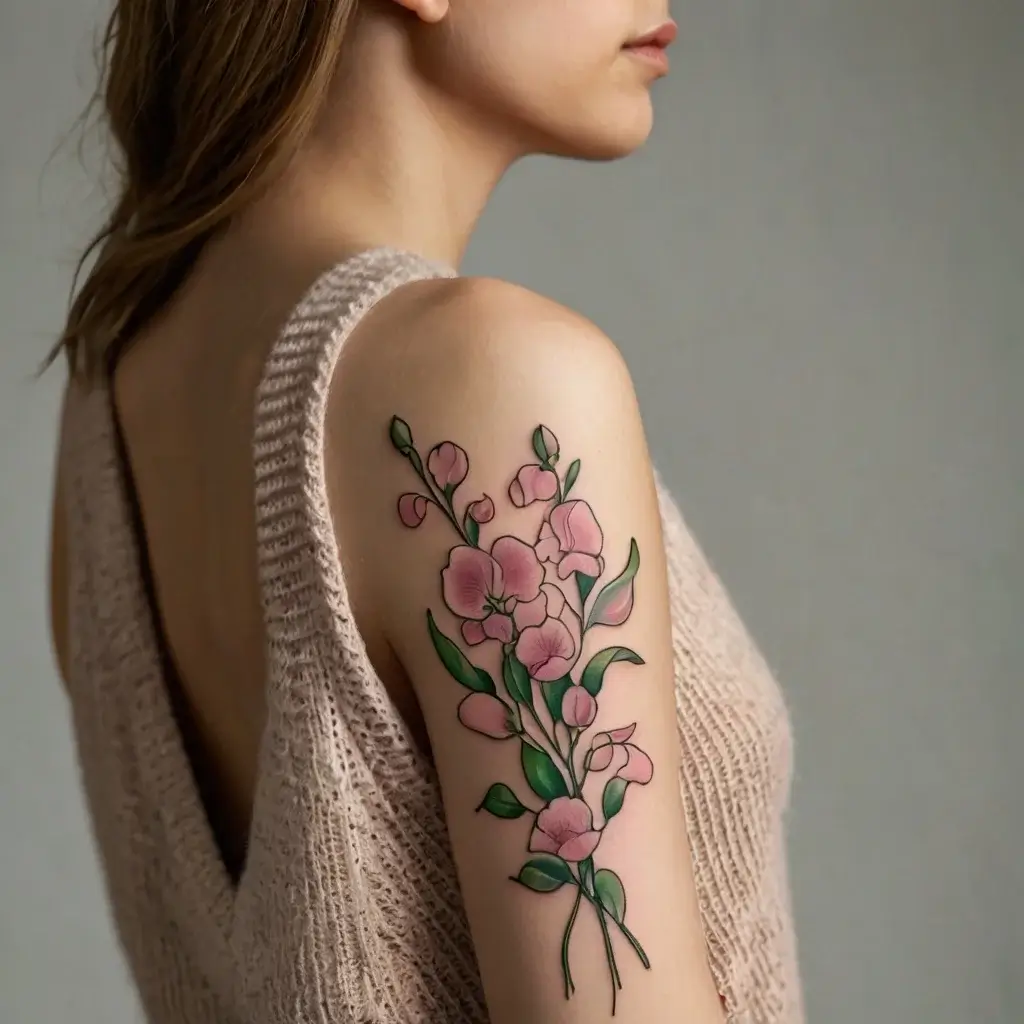 Tattoo of pink flowers and green leaves on an upper arm, featuring delicate line work and soft shading.