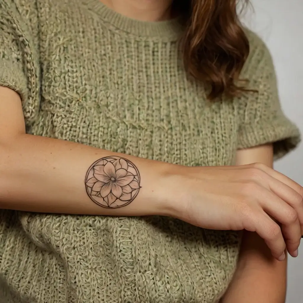 Intricate mandala wrist tattoo with a central flower design, featuring fine line work and symmetrical patterns.