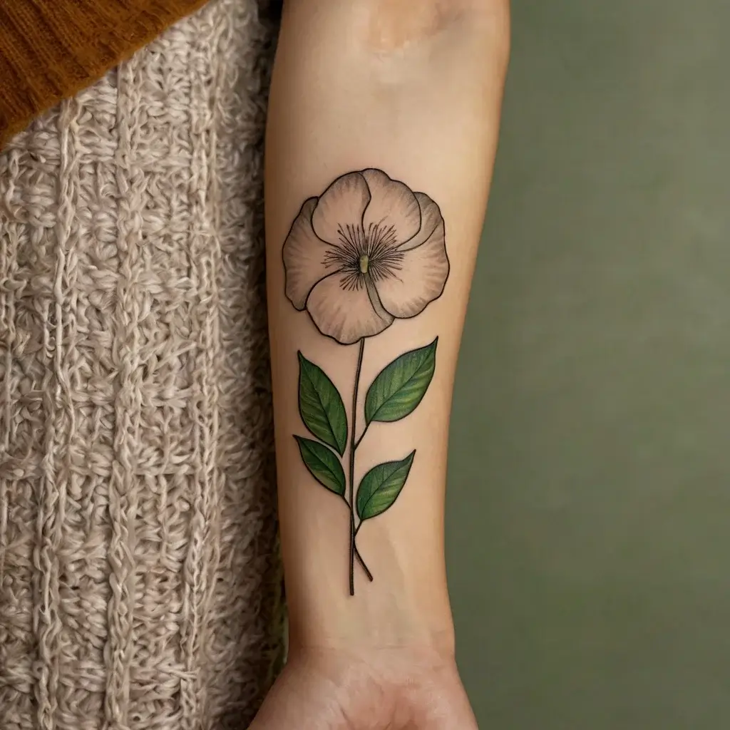 Delicate flower tattoo with a soft, pink bloom and vibrant green leaves on the forearm, showcasing nature's beauty.