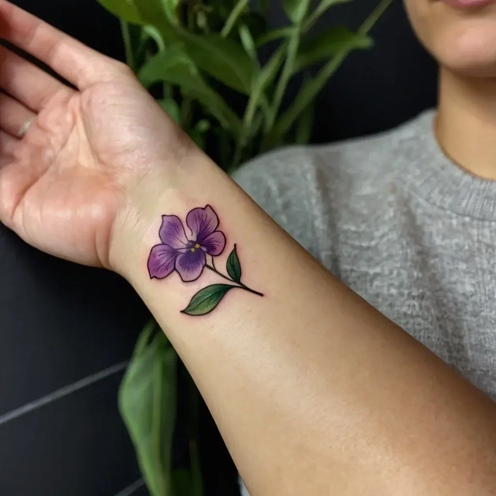 Vibrant purple flower tattoo on wrist with green leaves; delicate and minimalist design symbolizing beauty and growth.