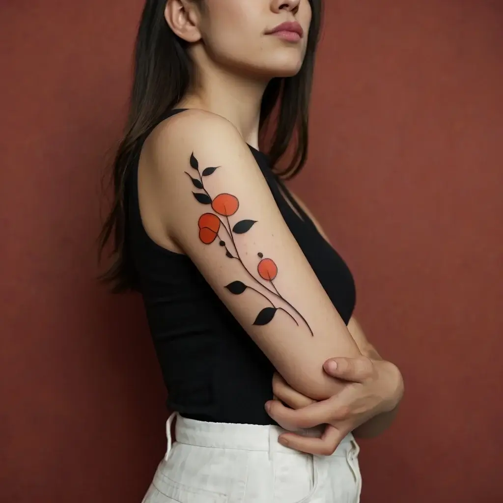 Stylized arm tattoo with bold black stems and leaves, featuring bright red-orange circular flowers in modern, minimalist style.