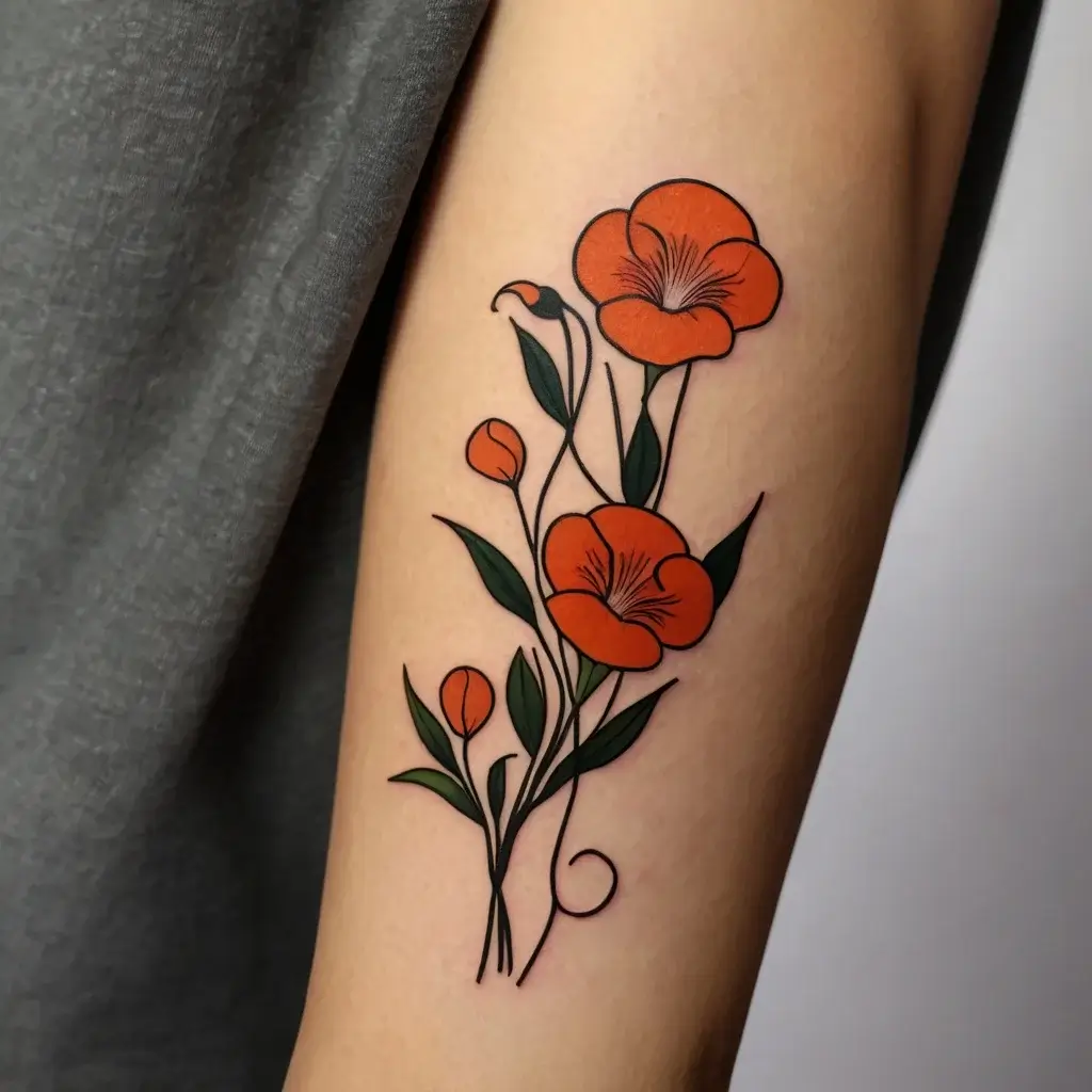 Tattoo of bright orange poppy flowers with green leaves, elegantly outlined, showcasing intricate linework on the arm.