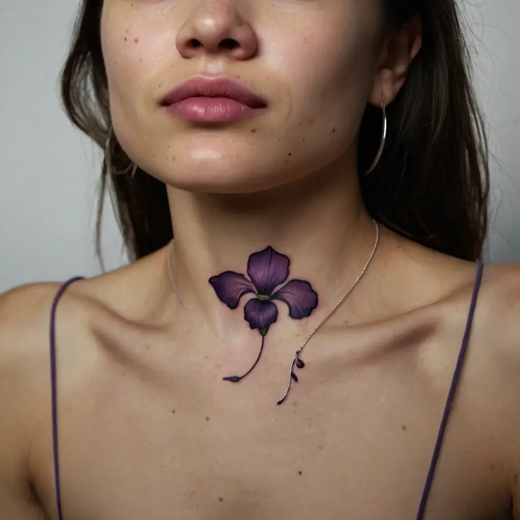 Orchid tattoo on the neck, featuring deep purple petals with delicate shading, symbolizes beauty and elegance.