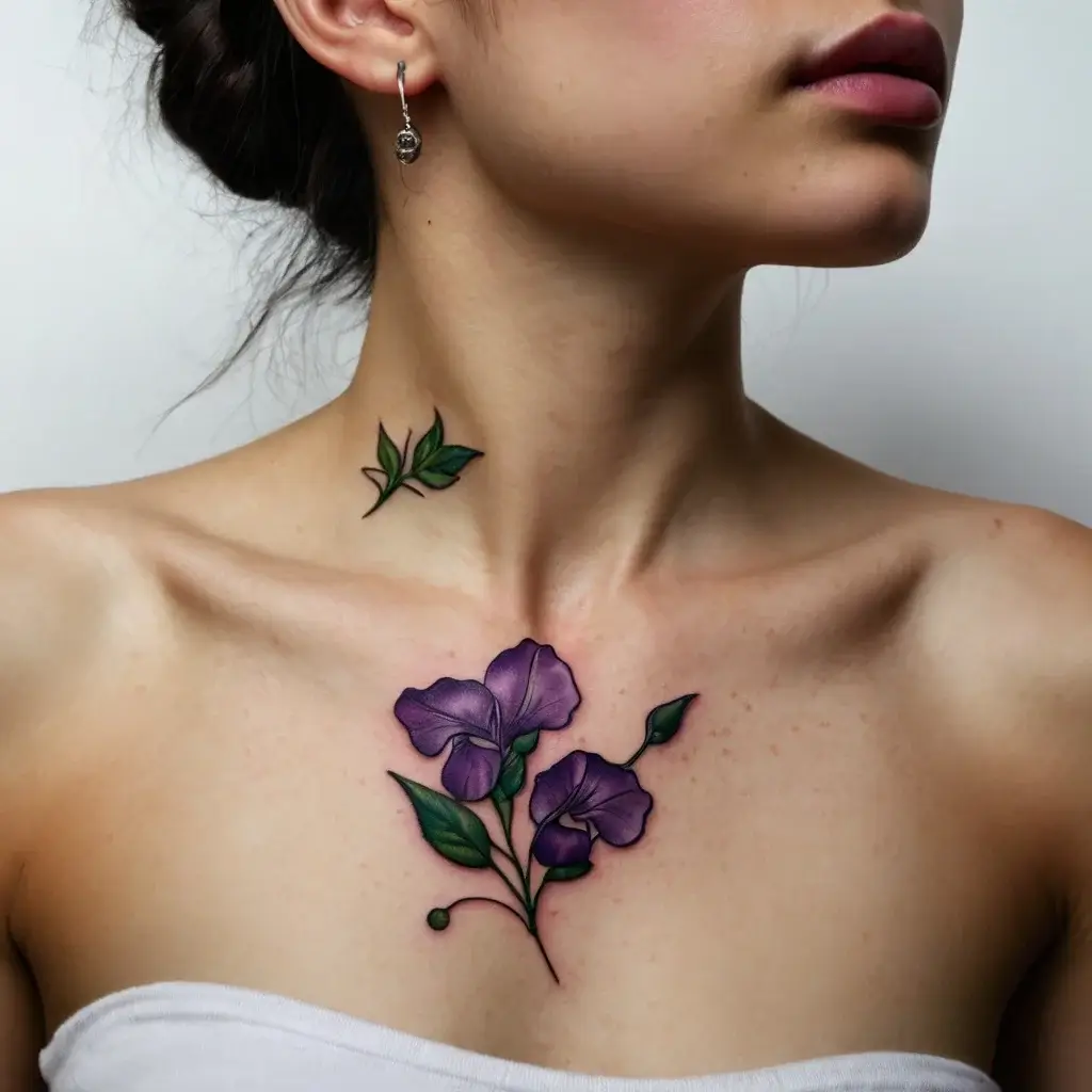 Purple flower tattoo on collarbone and neck, featuring vibrant petals and green leaves in detailed, realistic style.