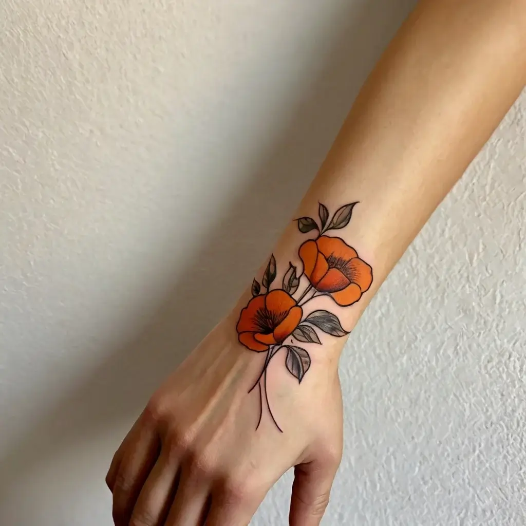 Tattoo of vibrant orange poppies on the forearm, with delicate black outlines and shaded leaves for a realistic look.