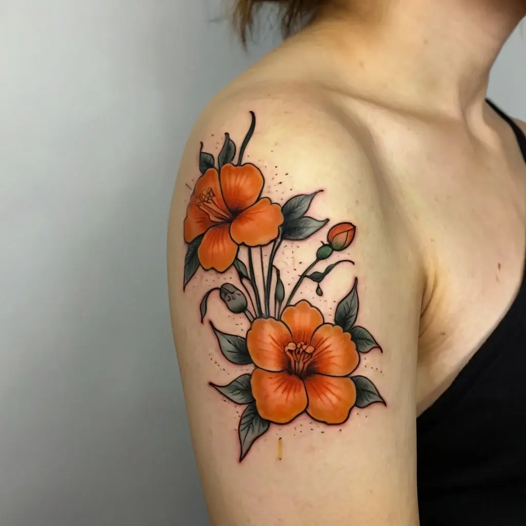 Arm tattoo of vibrant orange flowers with green leaves and delicate dot shading, showcasing a bold, natural design.