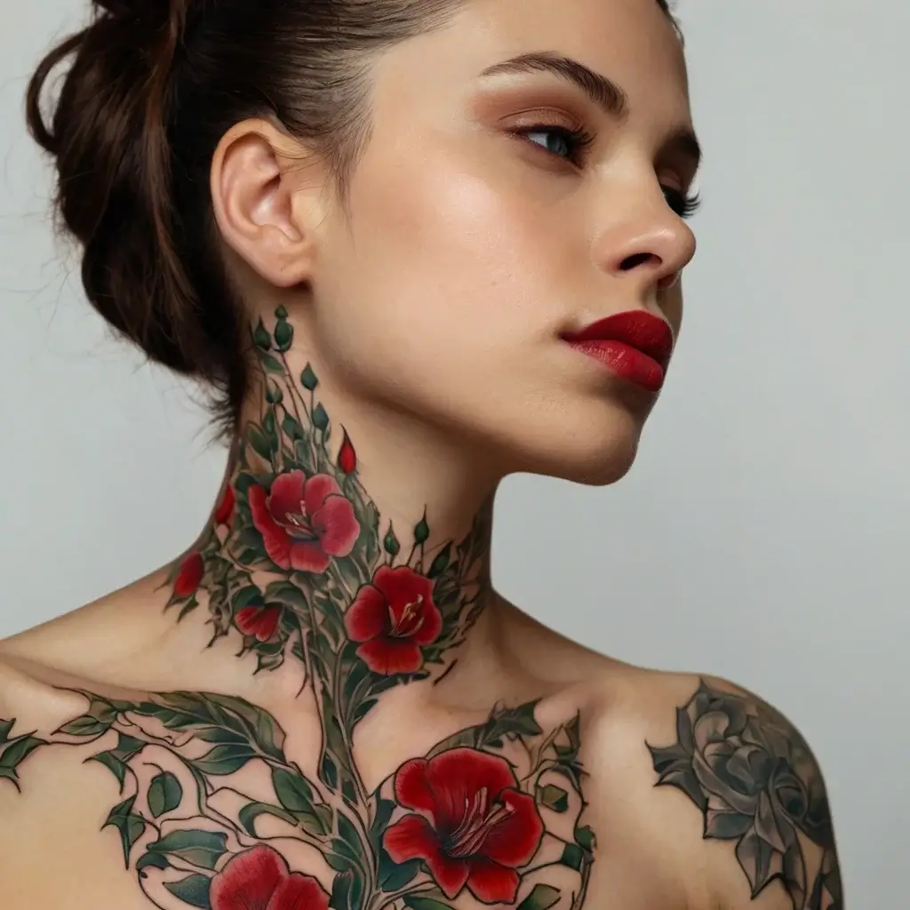 Neck tattoo of vibrant red poppies with green leaves and black outlines, extending across the shoulder.