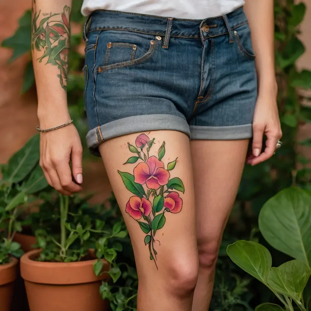 Elegant floral tattoo on thigh, featuring vibrant pink flowers and lush green leaves in a realistic style.