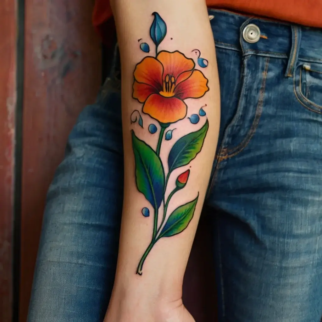 Bright orange flower tattoo with green-blue leaves and blue accent dots on the forearm. Bold and vibrant design.