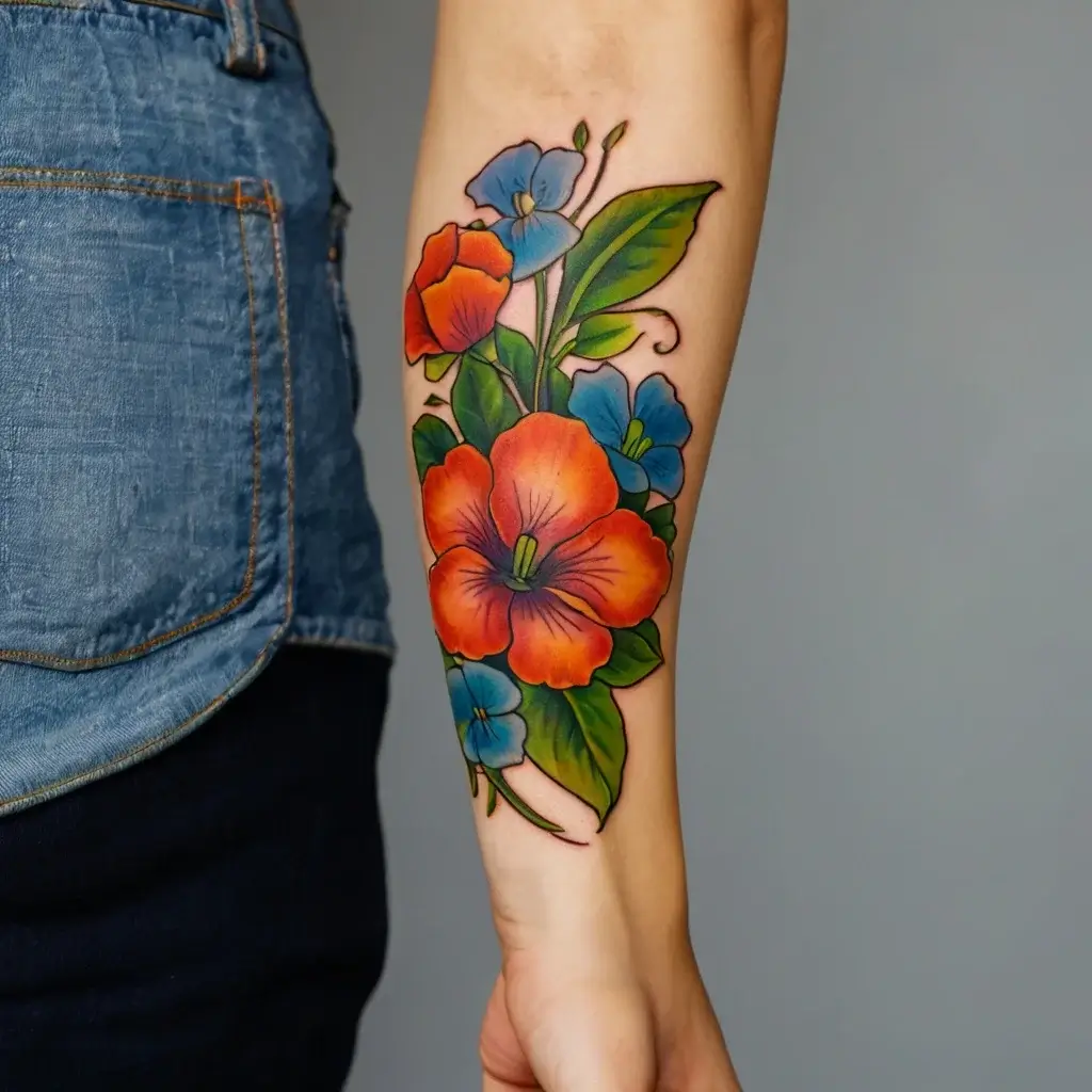 Vibrant flower tattoo with orange and blue petals, surrounded by lush green leaves on the forearm.