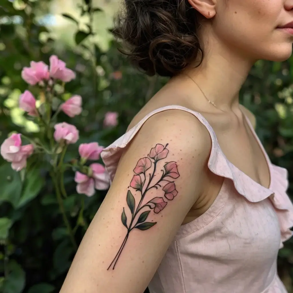 Delicate pink floral tattoo on upper arm with green leaves, capturing the essence of nature's elegance and femininity.