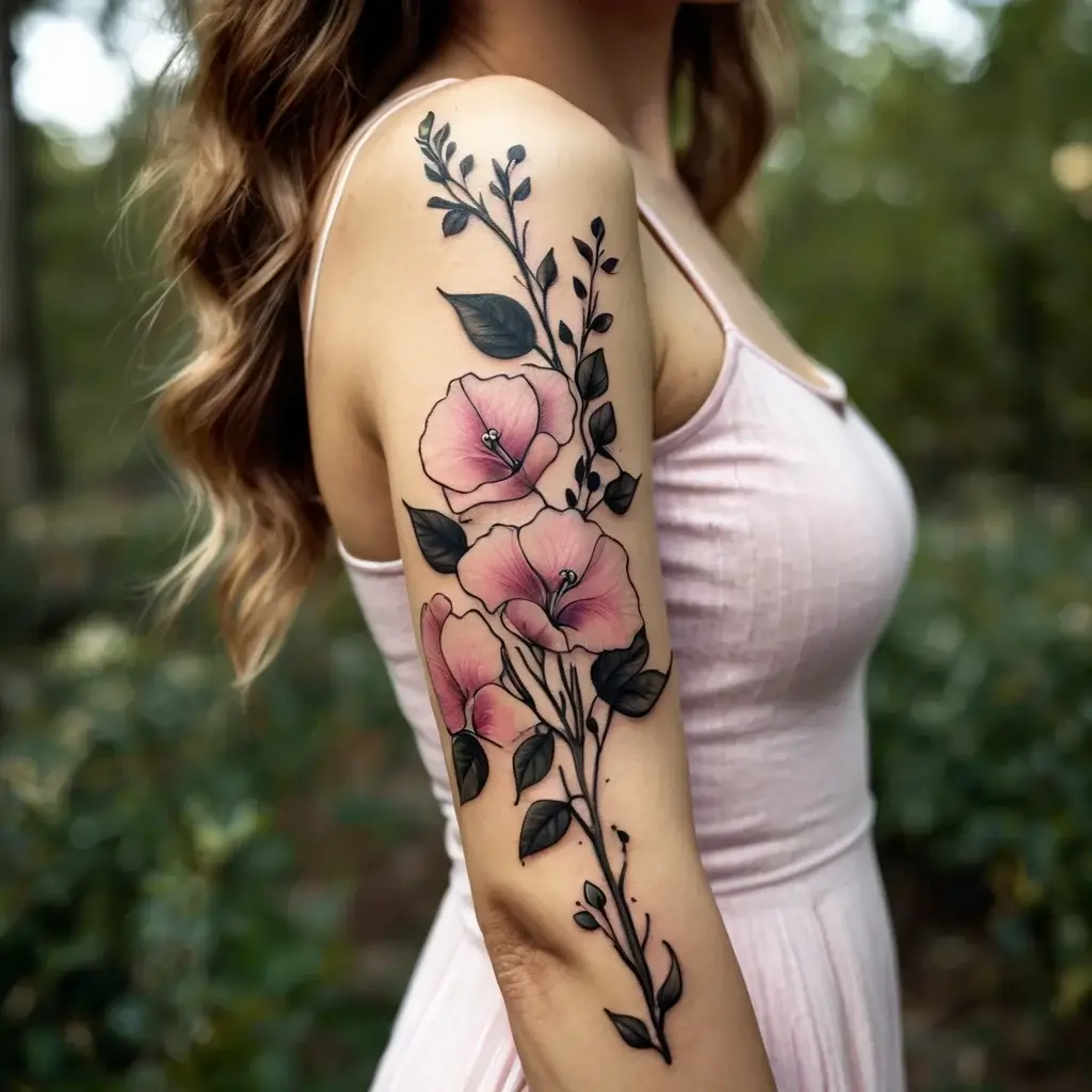 Floral arm tattoo with pink blooms and dark leaves, elegantly wrapping around the bicep and tricep with fine detailing.