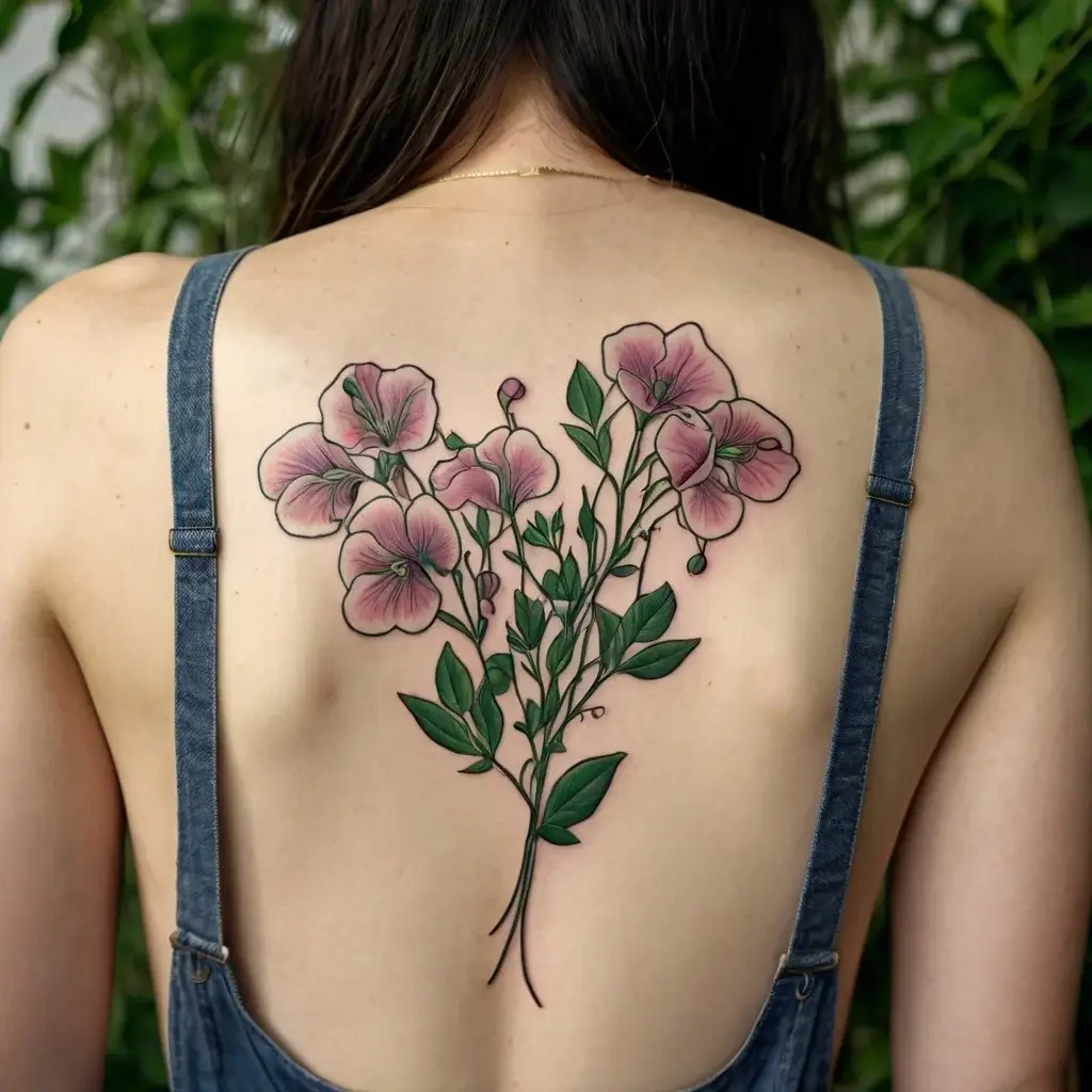 Back tattoo of delicate pink flowers with green leaves and stems, creating an elegant and natural botanical design.