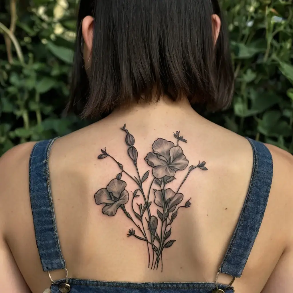 Black and grey floral tattoo on the upper back, featuring detailed blooming flowers and delicate stems and leaves.