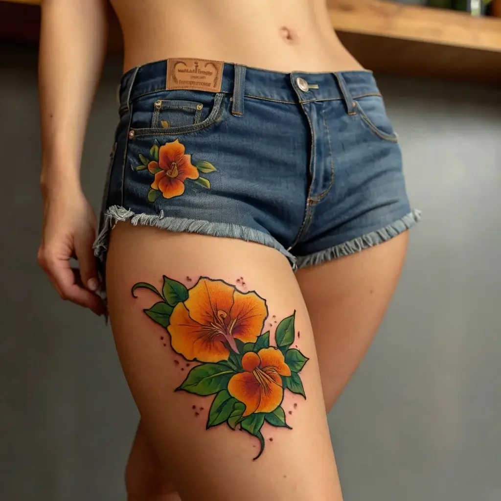 Vivid orange pansy tattoo on the thigh with lush green leaves, echoing a matching design on denim shorts.