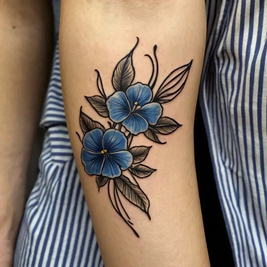 Tattoo of vibrant blue flowers with detailed shading and bold outlines, accented by delicate leaves and swirls.