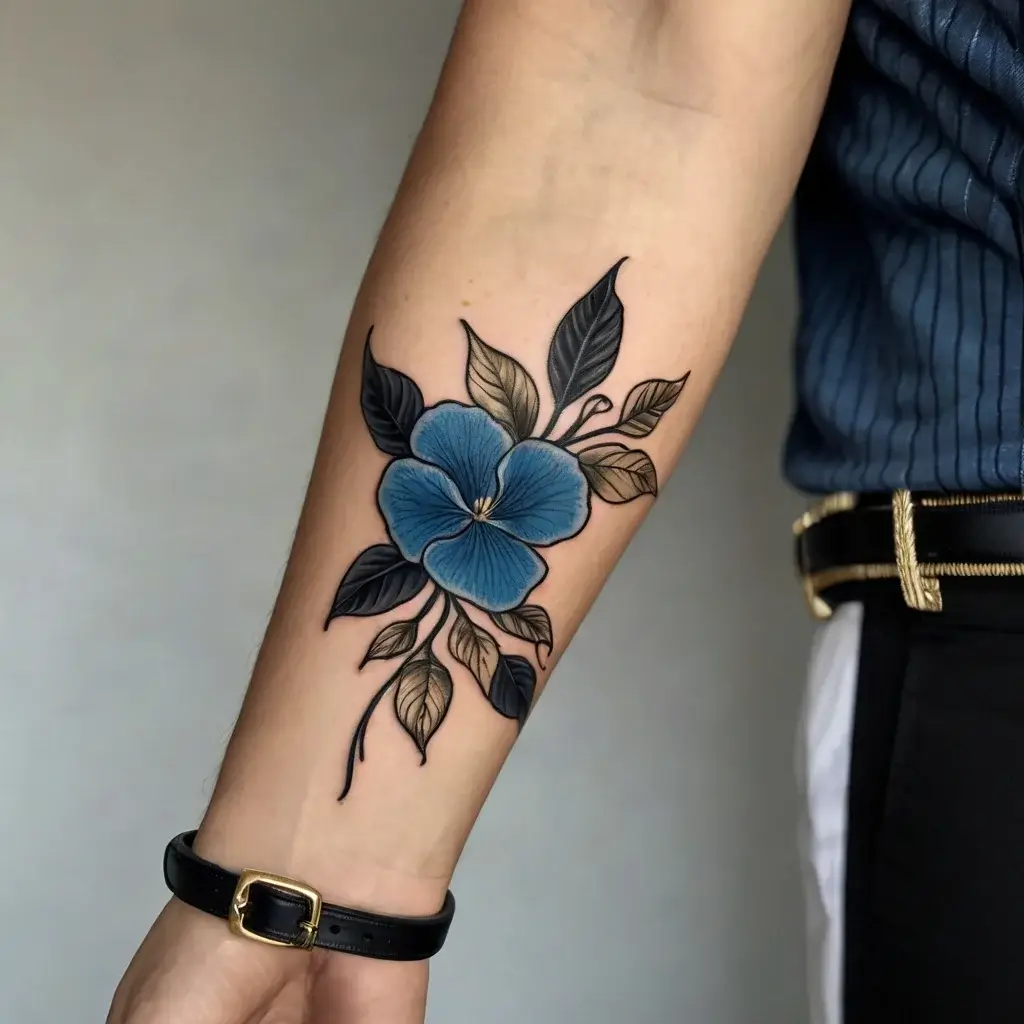 Tattoo of a vibrant blue flower with detailed petals and dark, leafy accents on a forearm, showcasing bold lines.