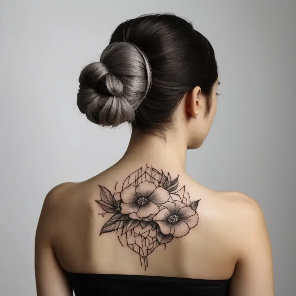 Tattoo of geometric florals on upper back; features three detailed flowers in black ink with lattice accents.