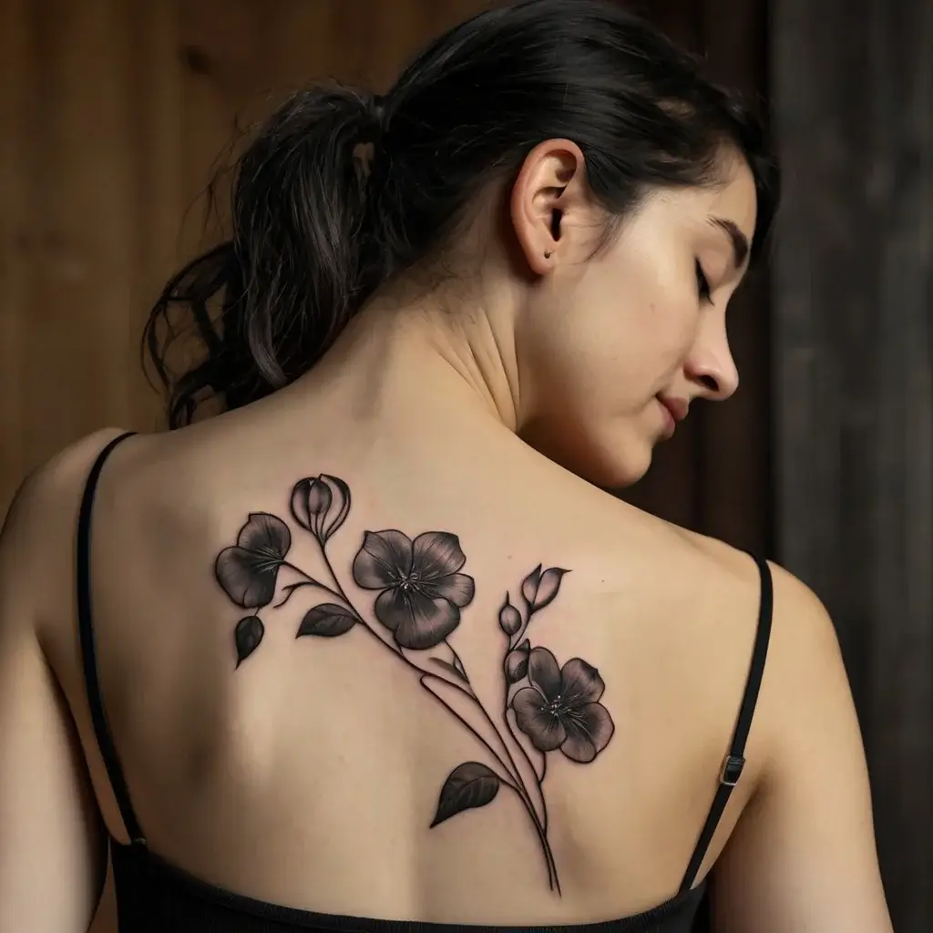 Detailed black and grey floral tattoo on upper back, featuring blossoms and leaves, emphasizing elegance and natural beauty.