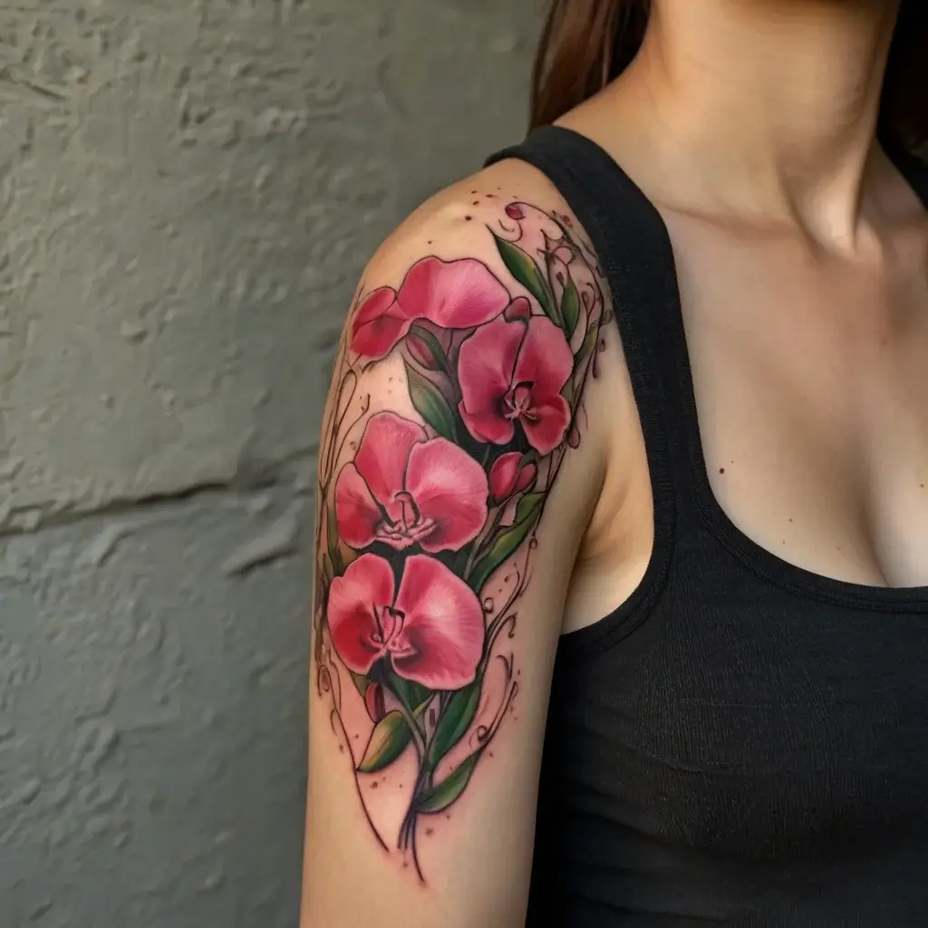 Tattoo of vibrant pink orchids with green leaves on the upper arm, featuring delicate swirling lines for added detail.