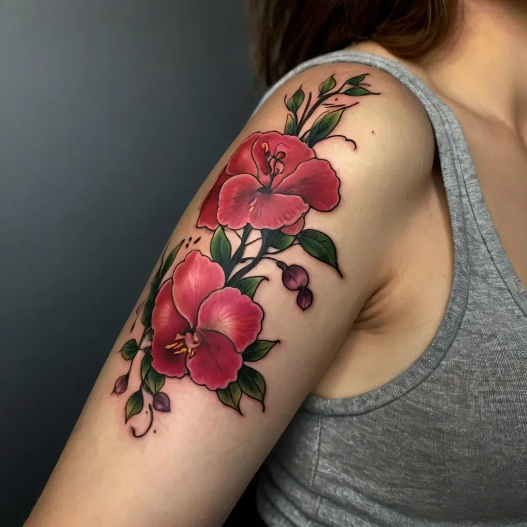 Vibrant red hibiscus tattoo on upper arm with green leaves and buds, highlighting delicate petals and intricate shading.