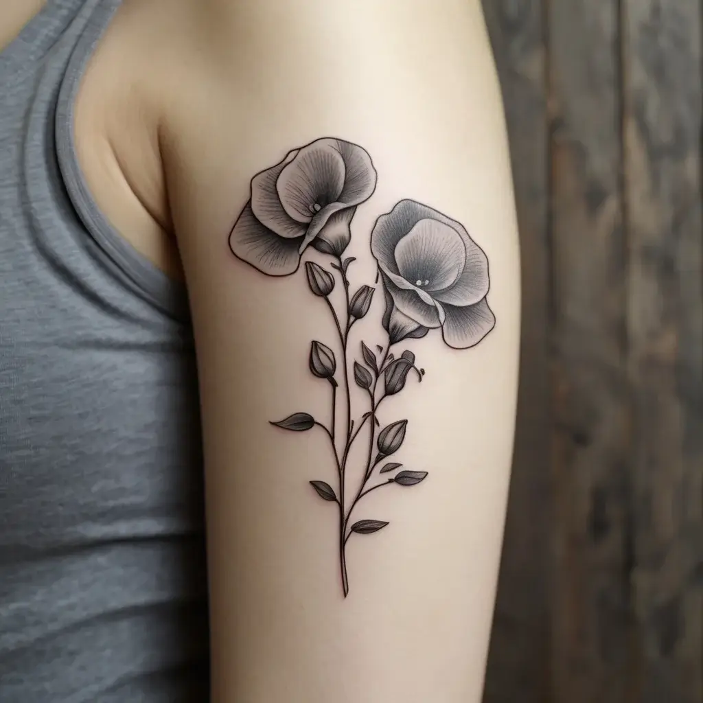 A detailed black and gray tattoo of two blooming flowers with leaves on an upper arm, showcasing fine linework and shading.