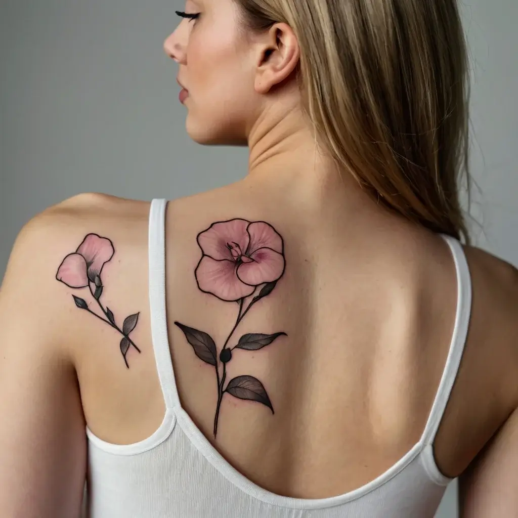 Tattoo design with two pink flowers, detailed petals, and leaves, elegantly placed on the shoulder and back.