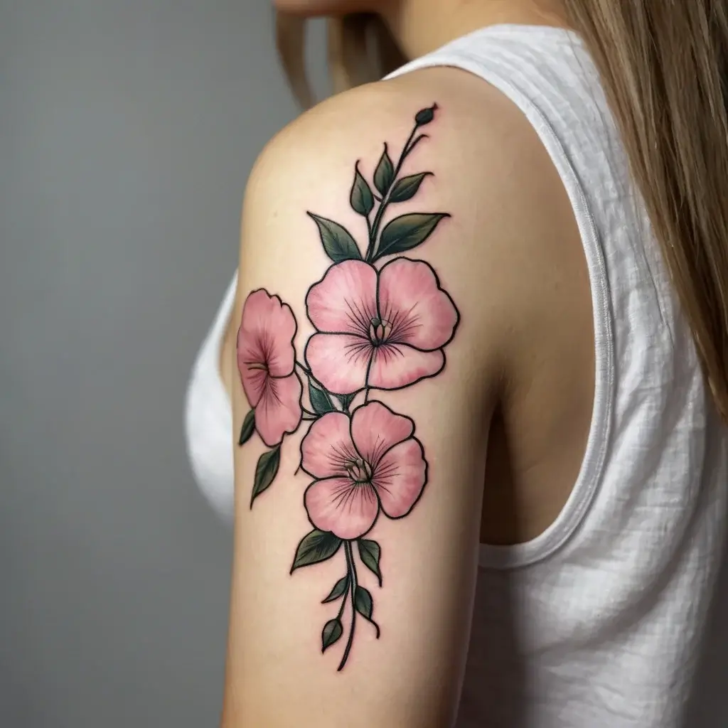 Tattoo of pink flowers with detailed shading and green leaves on the upper arm, showcasing natural beauty and elegance.