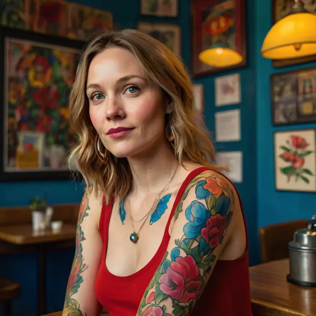 Colorful floral sleeve tattoo with vivid red and blue roses, green leaves, and a blue butterfly on the shoulder.