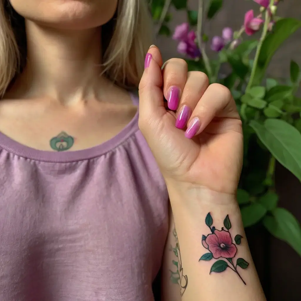 Delicate pink flower tattoo with green leaves on the wrist, complementing a floral chest piece.