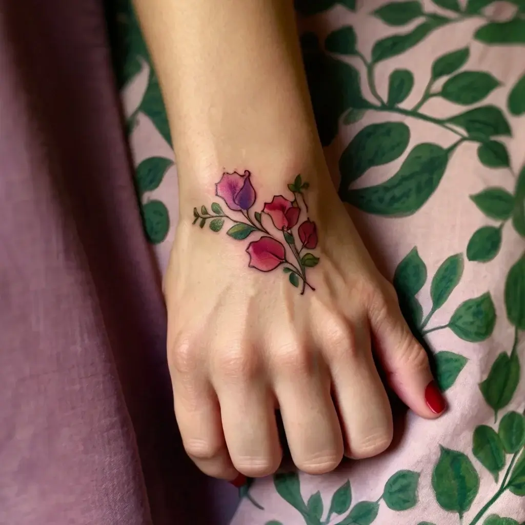 Delicate floral tattoo on hand with pink and purple blossoms and green leaves, highlighting intricate linework and shading.