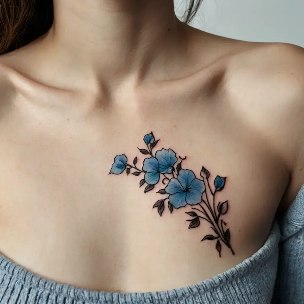 Tattoo of blue flowers with black outlines and leaves on the upper chest, elegant and delicate floral design.