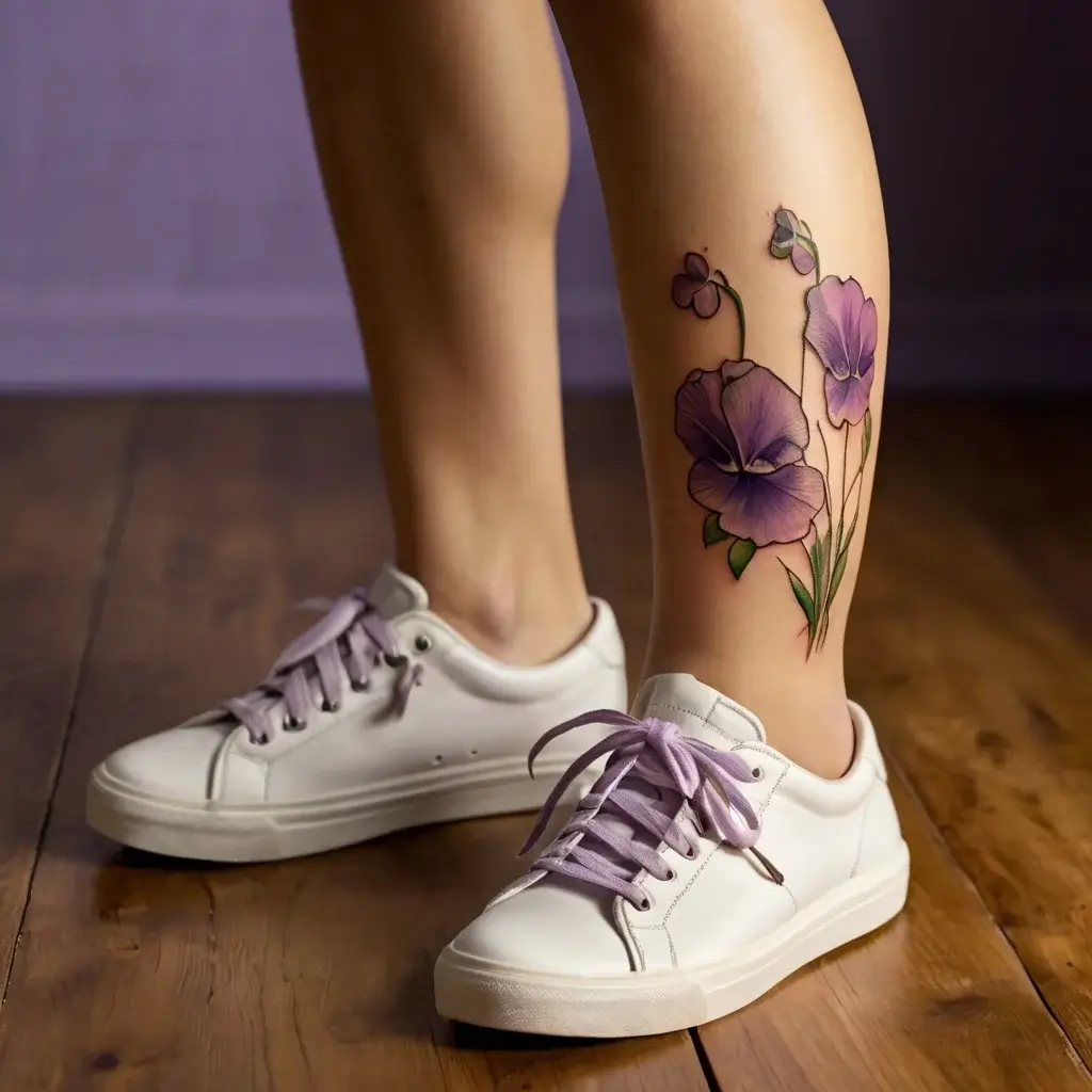 Floral tattoo on calf featuring delicate purple pansies with green leaves, showcasing intricate shading and vibrant colors.